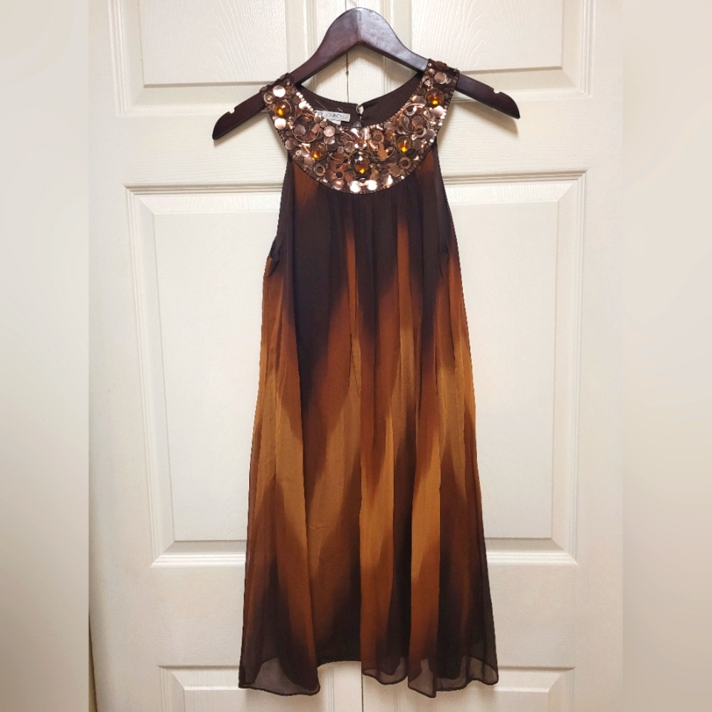 Maggy london tie and dye brown flare dress.